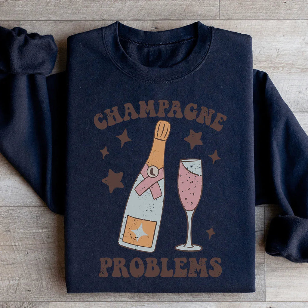 Retro Celebration Graphic Fleece Pullover – \"Champagne Problems\"